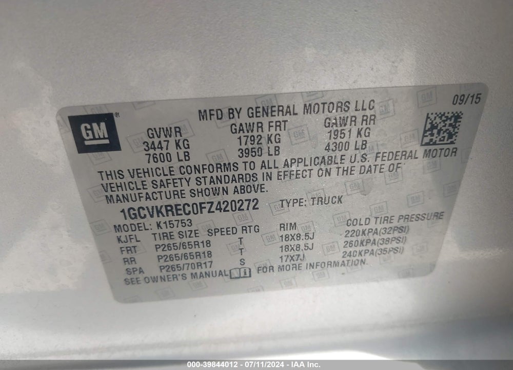2015 CHEVROLET SILVERADO 1500 1LT VIN: 1GCVKREC0FZ420272