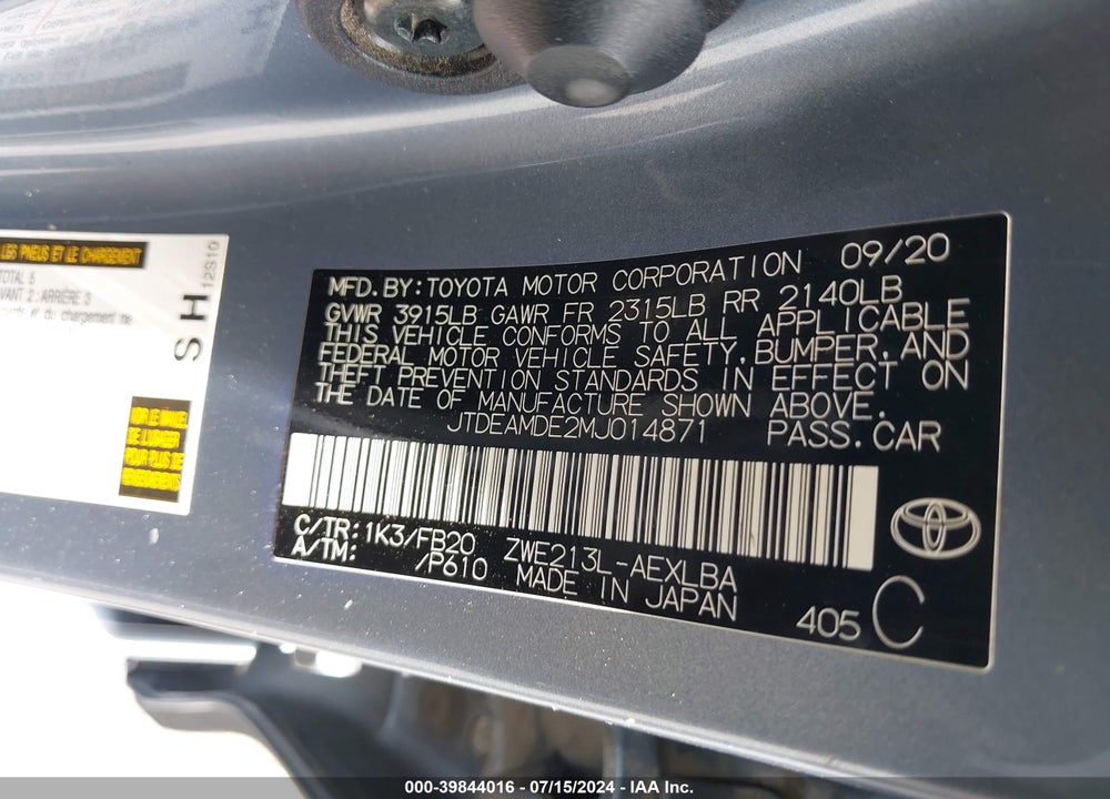 2021 TOYOTA COROLLA HYBRID LE VIN: JTDEAMDE2MJ014871