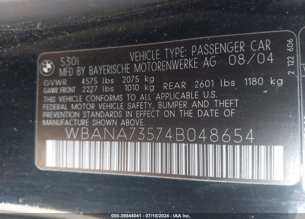 2004 BMW 530I VIN: WBANA73574B048654