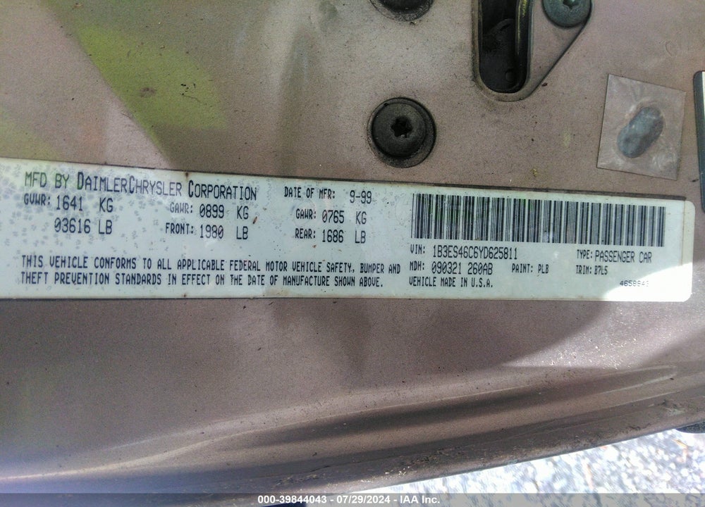 2000 DODGE NEON HIGHLINE VIN: 1B3ES46C6YD625811