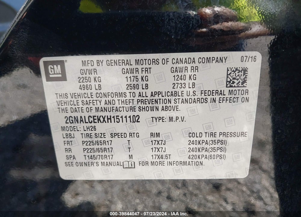 2017 CHEVROLET EQUINOX LT VIN: 2GNALCEKXH1511102
