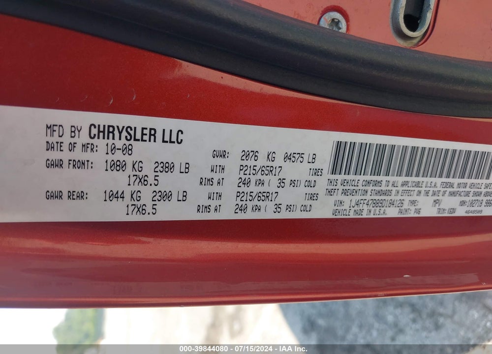 2009 JEEP COMPASS SPORT VIN: 1J4FF47B89D184126