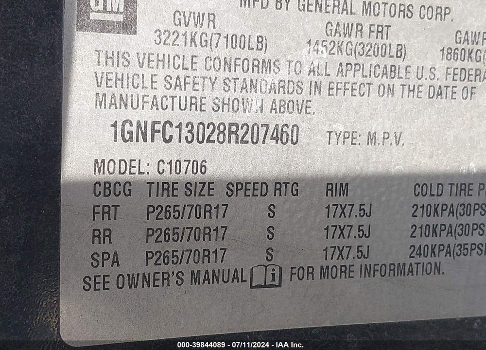 2008 CHEVROLET TAHOE VIN: 1GNFC13028R207460