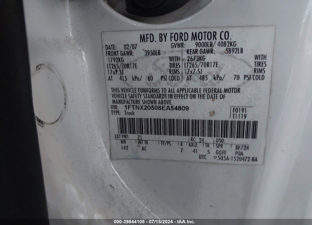 2008 FORD F-250 LARIAT/XL/XLT VIN: 1FTNX20508EA54809