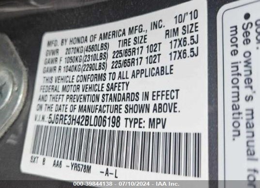 2011 HONDA CR-V VIN: 5J6RE3H42BL006198