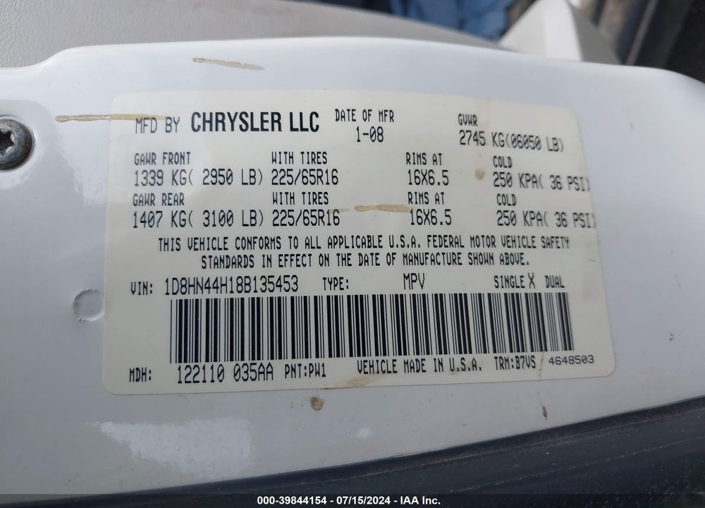 2008 DODGE GRAND CARAVAN SE VIN: 1D8HN44H18B135453