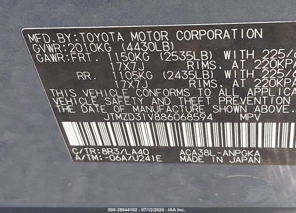 2008 TOYOTA RAV4 LIMITED VIN: JTMZD31V886068594