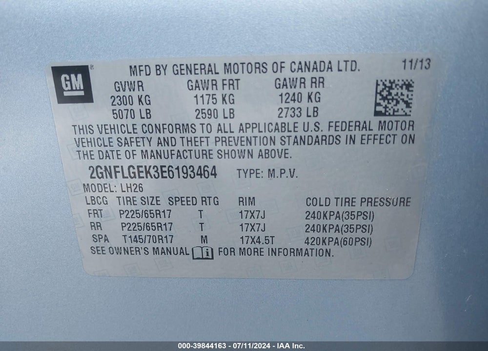 2014 CHEVROLET EQUINOX 2LT VIN: 2GNFLGEK3E6193464