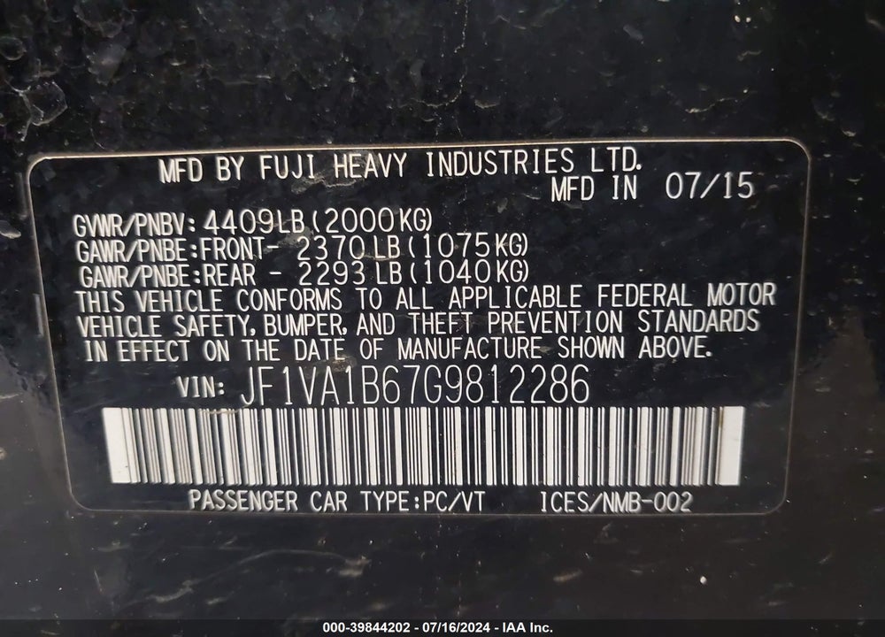2016 SUBARU WRX VIN: JF1VA1B67G9812286