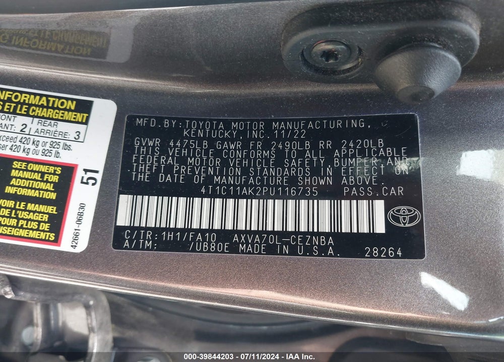 2023 TOYOTA CAMRY LE VIN: 4T1C11AK2PU116735