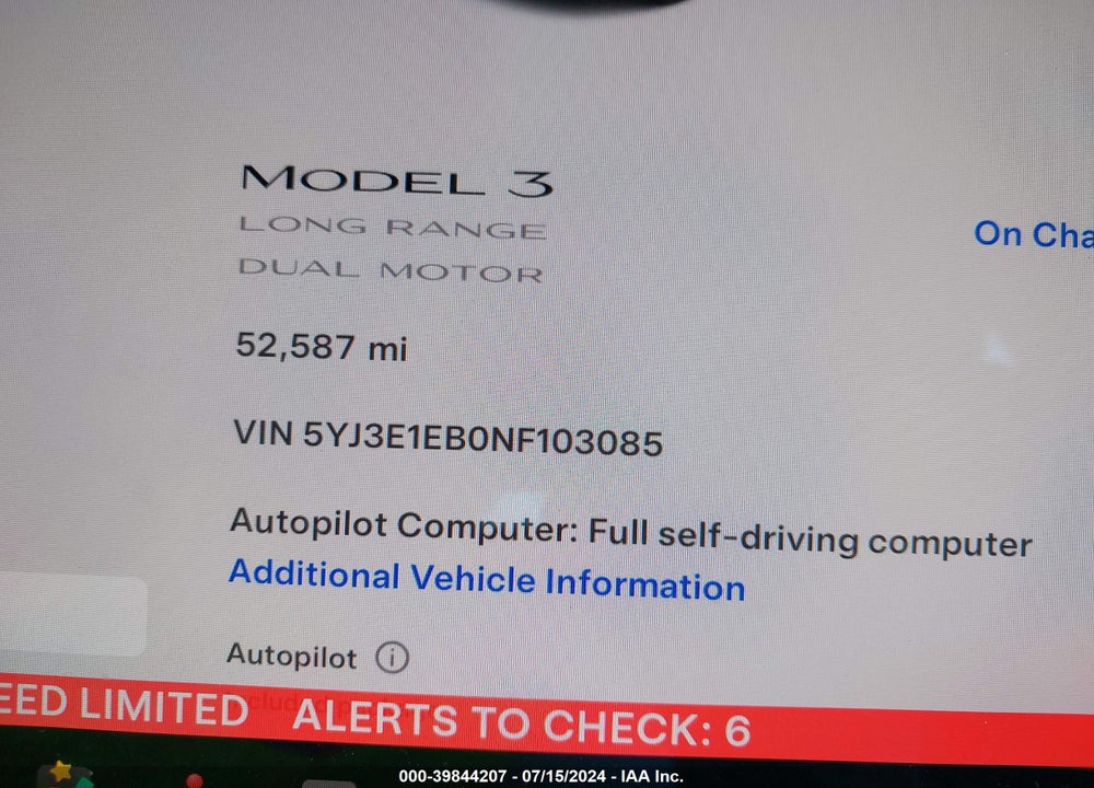 2022 TESLA MODEL 3 LONG RANGE DUAL MOTOR ALL-WHEEL DRIVE VIN: 5YJ3E1EB0NF103085