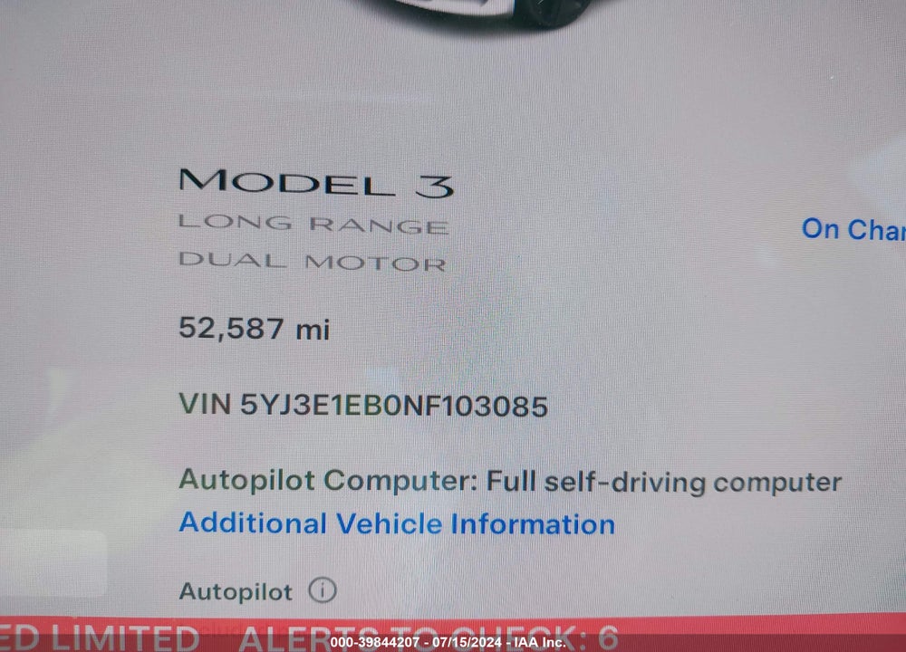 2022 TESLA MODEL 3 LONG RANGE DUAL MOTOR ALL-WHEEL DRIVE VIN: 5YJ3E1EB0NF103085
