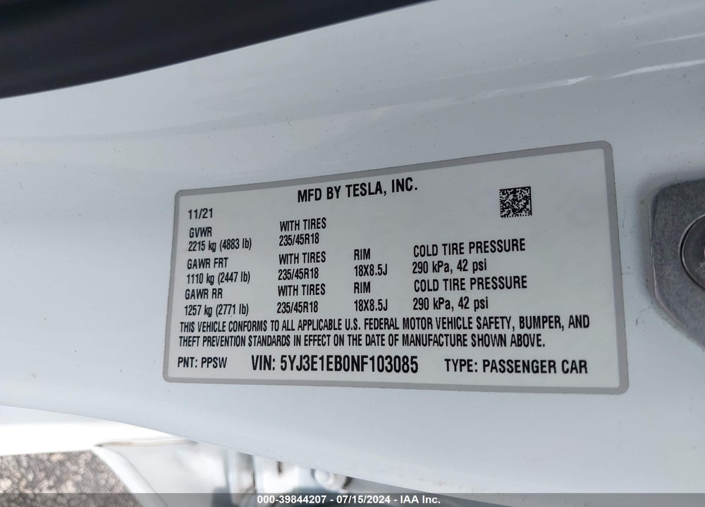 2022 TESLA MODEL 3 LONG RANGE DUAL MOTOR ALL-WHEEL DRIVE VIN: 5YJ3E1EB0NF103085
