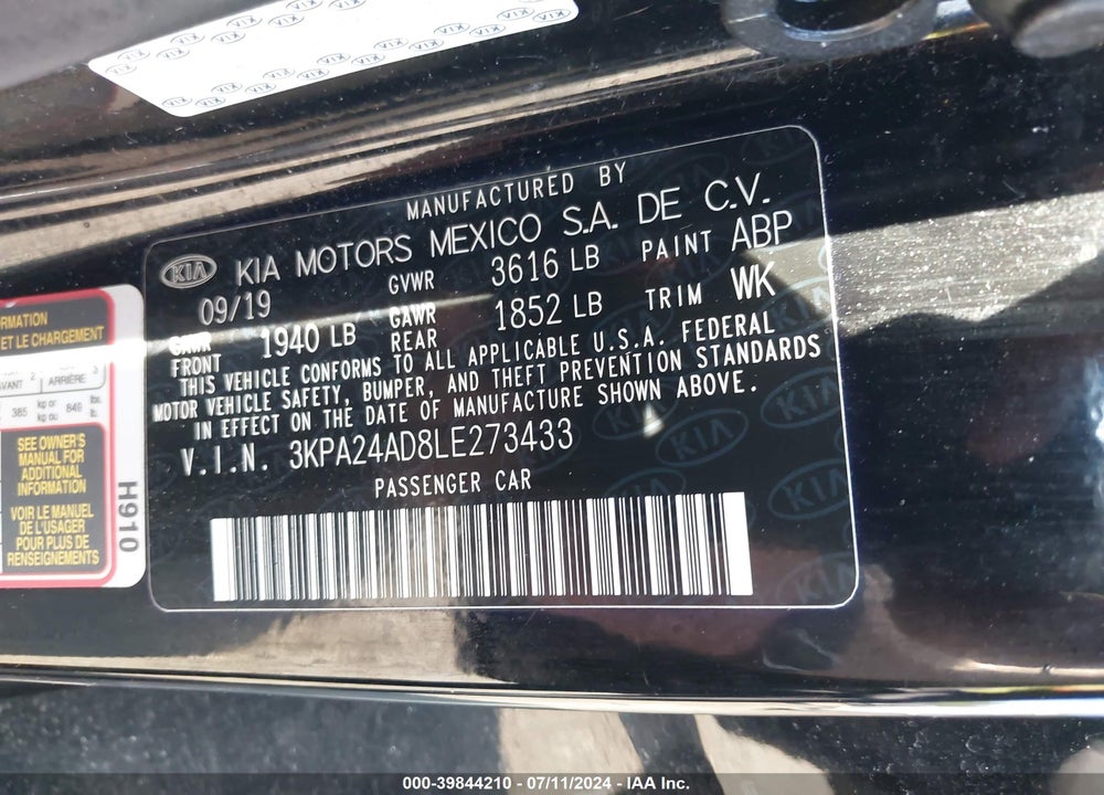 2020 KIA RIO S VIN: 3KPA24AD8LE273433