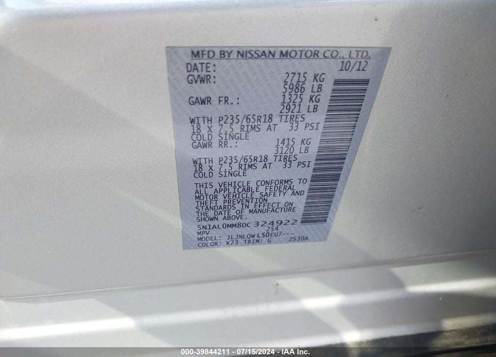 2013 INFINITI JX35 VIN: 5N1AL0MM8DC324922
