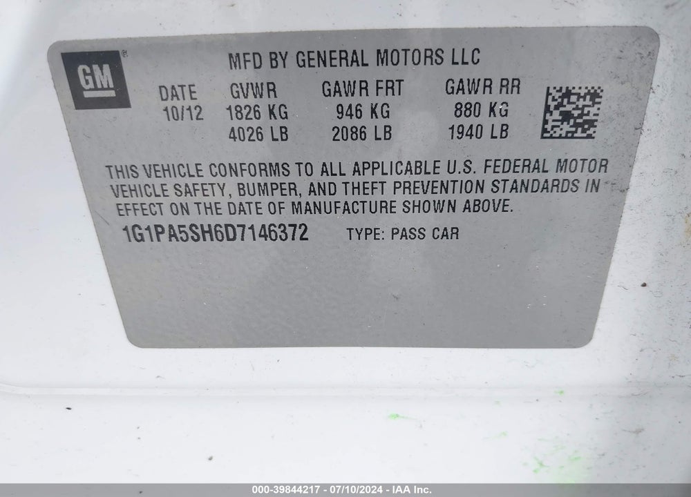 2013 CHEVROLET CRUZE LS AUTO VIN: 1G1PA5SH6D7146372