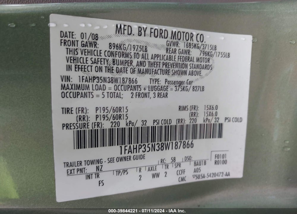 2008 FORD FOCUS SE/SES VIN: 1FAHP35N38W187866