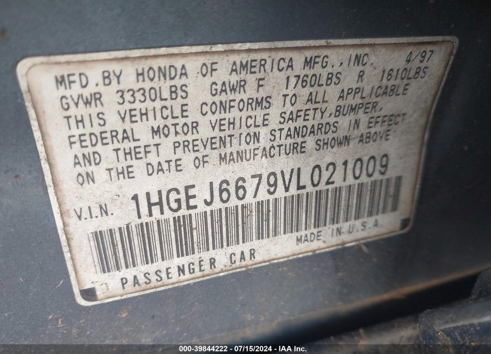 1997 HONDA CIVIC LX VIN: 1HGEJ6679VL021009