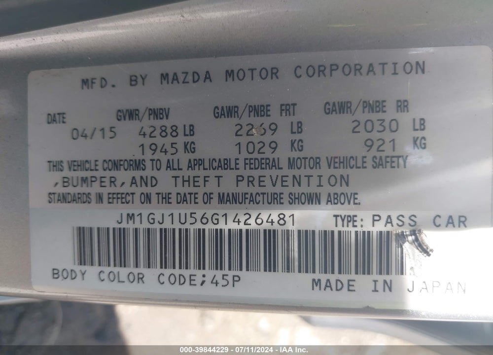 2016 MAZDA 6 I SPORT VIN: JM1GJ1U56G1426481