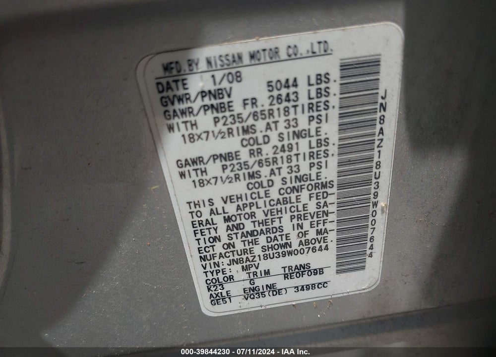 2009 NISSAN MURANO SL VIN: JN8AZ18U39W007644