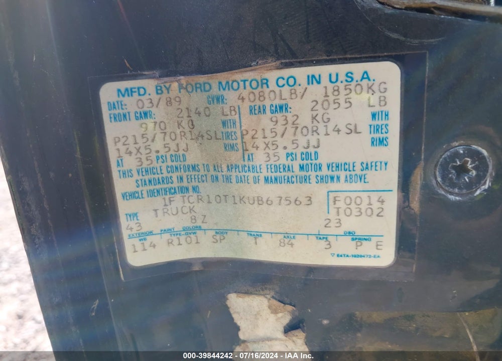 1989 FORD RANGER VIN: 1FTCR10T1KUB67563
