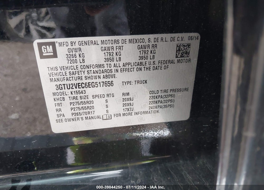 2014 GMC SIERRA 1500 SLT VIN: 3GTU2VEC6EG517656