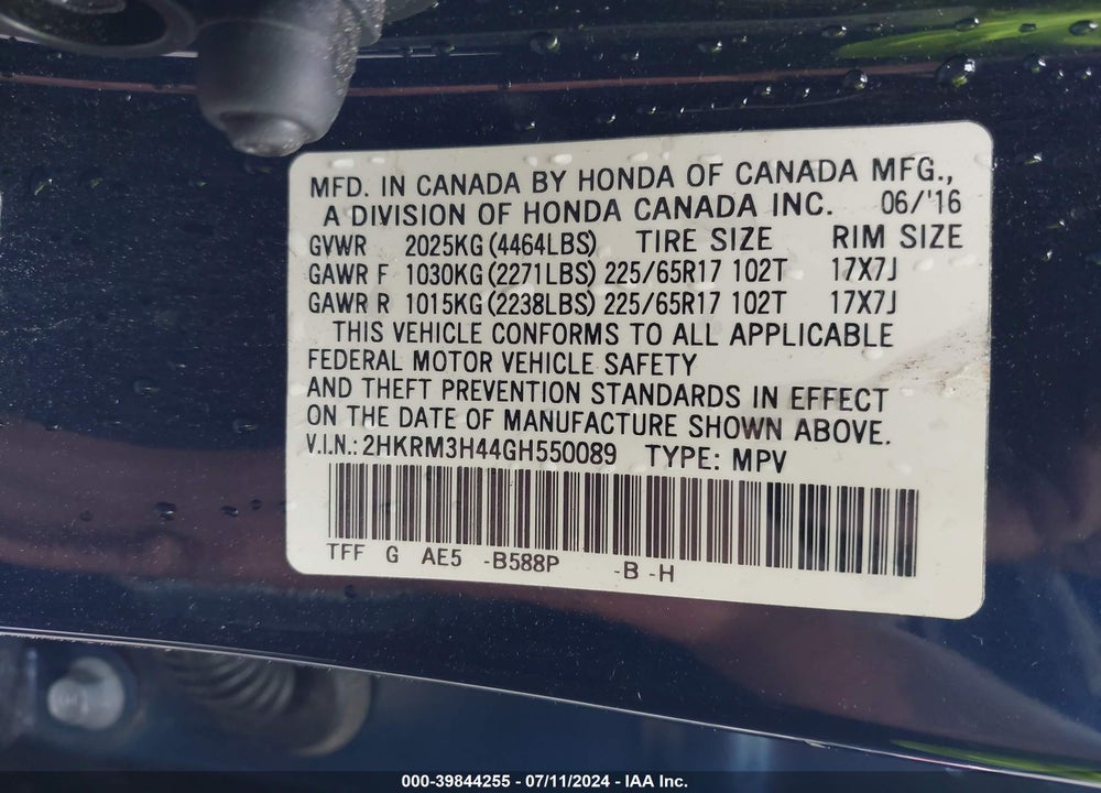 2016 HONDA CR-V SE VIN: 2HKRM3H44GH550089