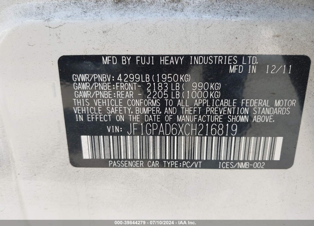 2012 SUBARU IMPREZA VIN: JF1GPAD6XCH216819