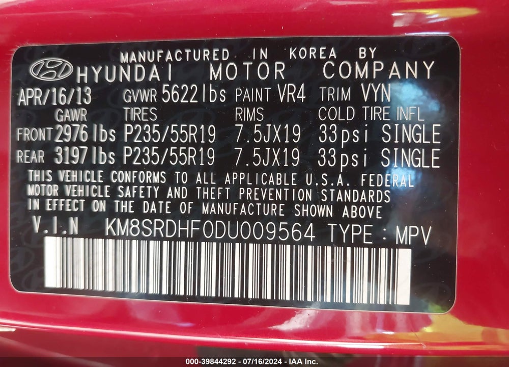 2013 HYUNDAI SANTA FE LIMITED VIN: KM8SRDHF0DU009564
