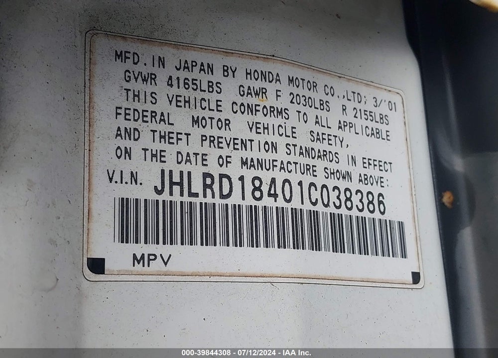 2001 HONDA CR-V LX VIN: JHLRD18401C038386