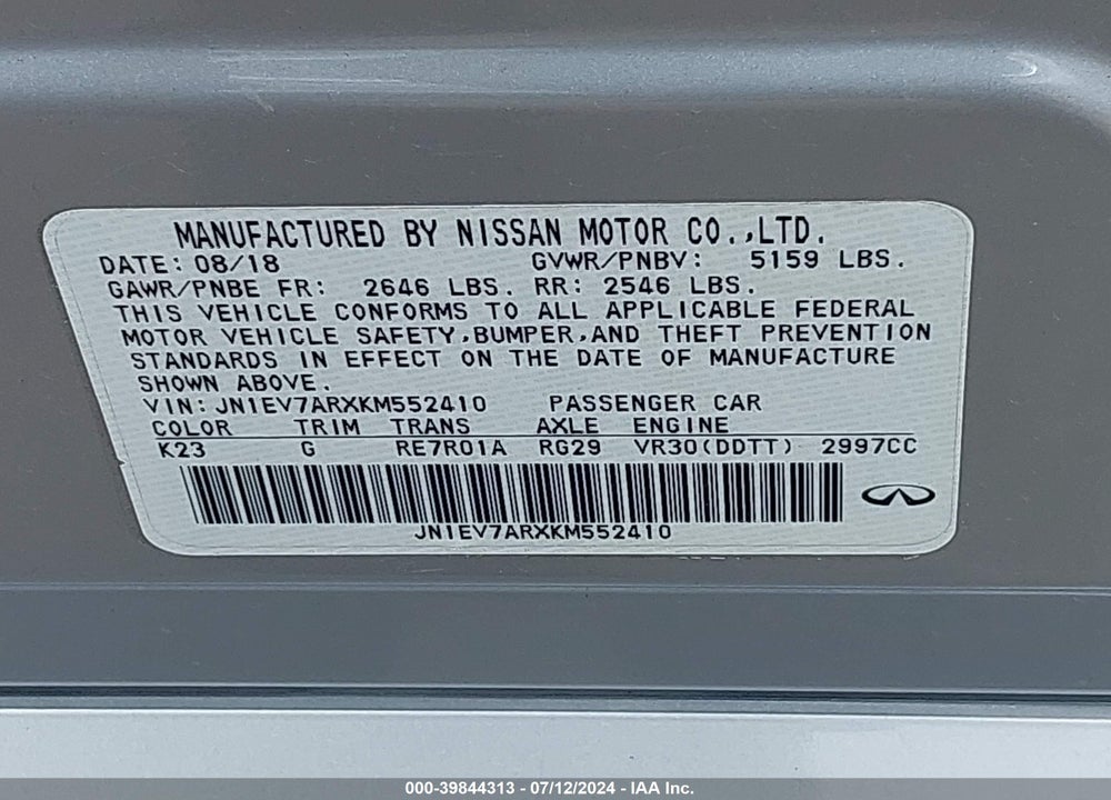 2019 INFINITI Q50 3.0T LUXE VIN: JN1EV7ARXKM552410