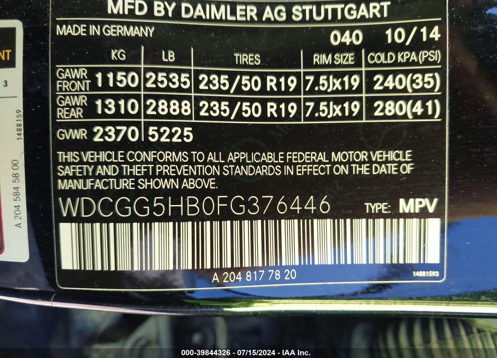 2015 MERCEDES-BENZ GLK 350 VIN: WDCGG5HB0FG376446