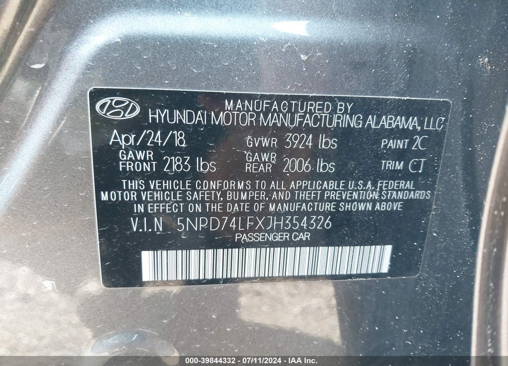 2018 HYUNDAI ELANTRA SE VIN: 5NPD74LFXJH354326