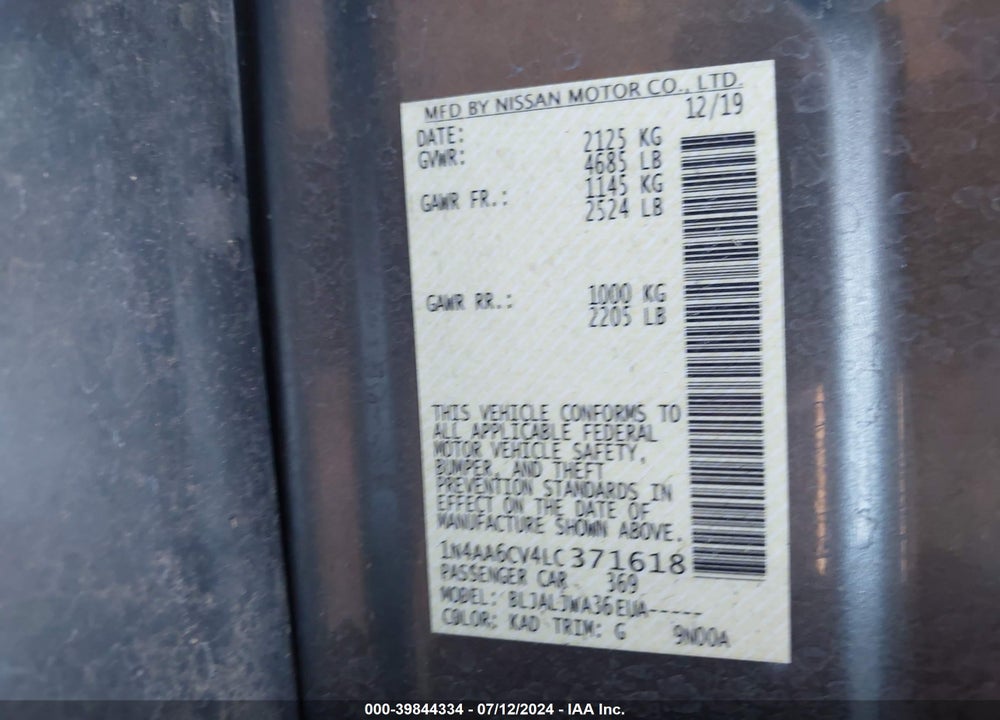 2020 NISSAN MAXIMA VIN: 1N4AA6CV4LC371618
