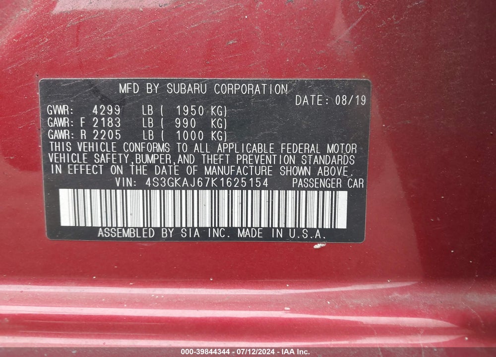 2019 SUBARU IMPREZA 2.0I SPORT VIN: 4S3GKAJ67K1625154