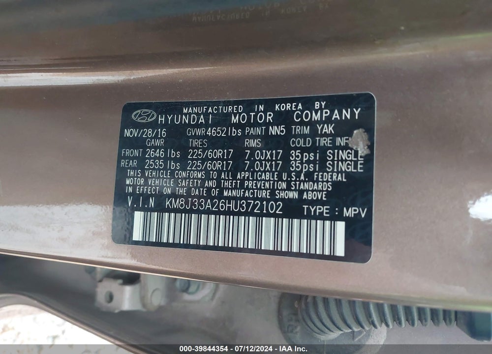 2017 HYUNDAI TUCSON ECO VIN: KM8J33A26HU372102