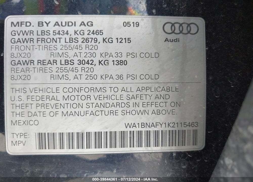 2019 AUDI Q5 VIN: WA1BNAFY1K2115463