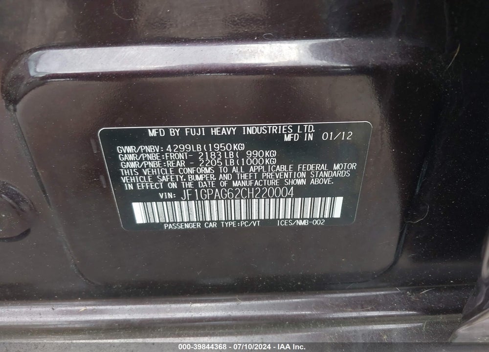 2012 SUBARU IMPREZA VIN: JF1GPAG62CH220004