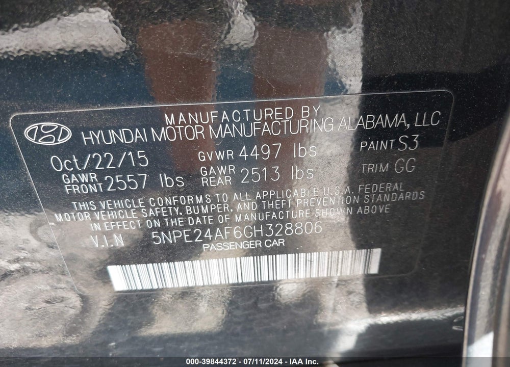 2016 HYUNDAI SONATA SE VIN: 5NPE24AF6GH328806