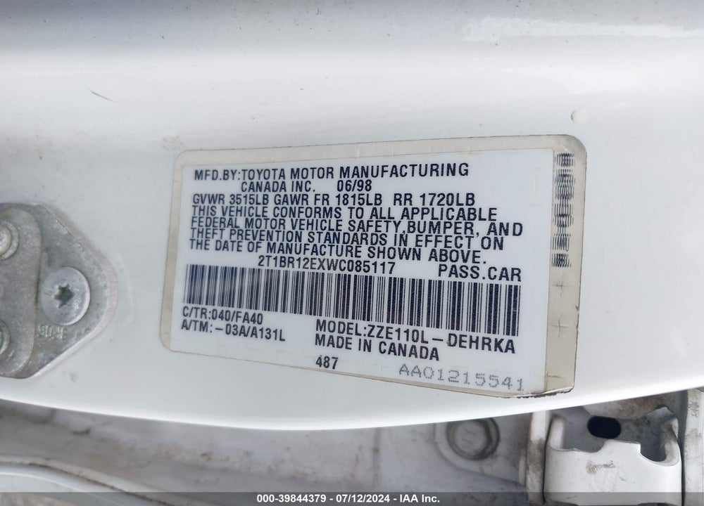 1998 TOYOTA COROLLA VE VIN: 2T1BR12EXWC085117