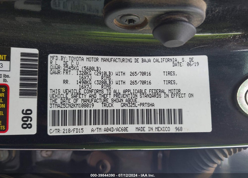2019 TOYOTA TACOMA TRD OFF ROAD VIN: 3TMAZ5CN2KM108019