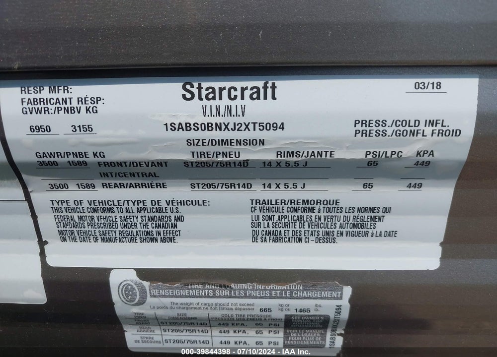 2018 STARCRAFT OTHER VIN: 1SABS0BNXJ2XT5094