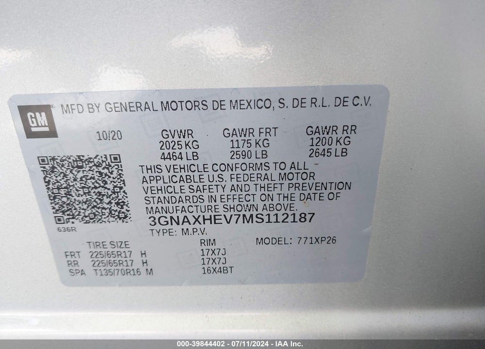 2021 CHEVROLET EQUINOX FWD LS VIN: 3GNAXHEV7MS112187