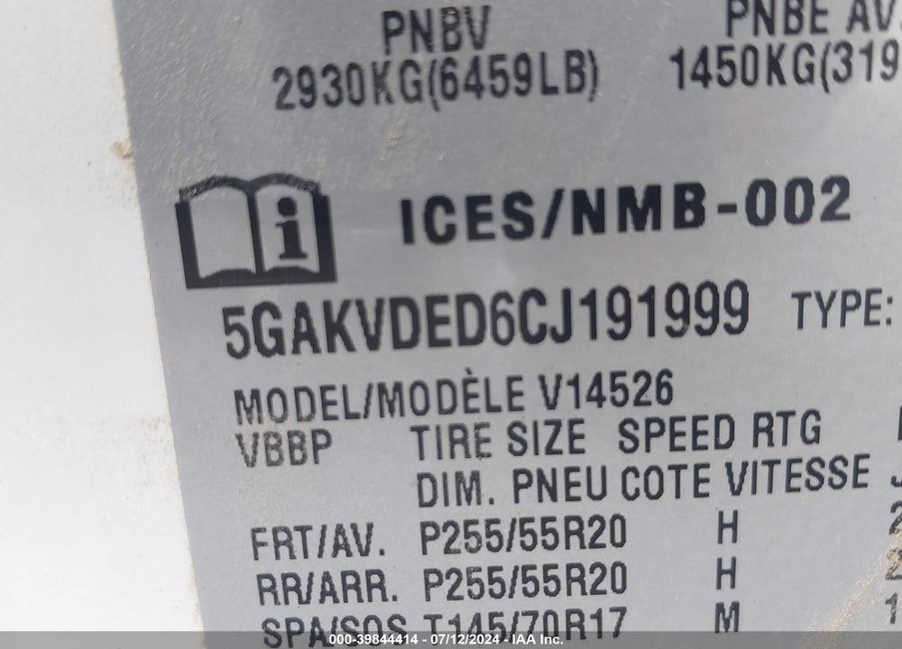 2012 BUICK ENCLAVE PREMIUM VIN: 5GAKVDED6CJ191999