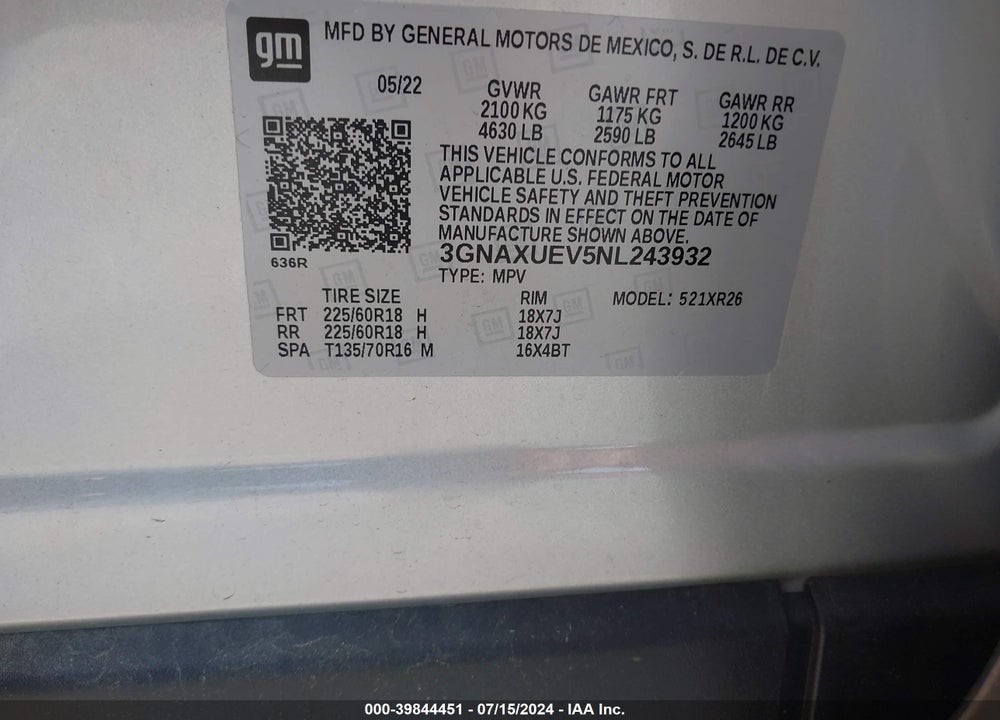 2022 CHEVROLET EQUINOX AWD LT VIN: 3GNAXUEV5NL243932