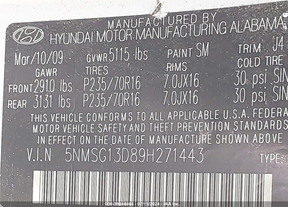 2009 HYUNDAI SANTA FE GLS VIN: 5NMSG13D89H271443
