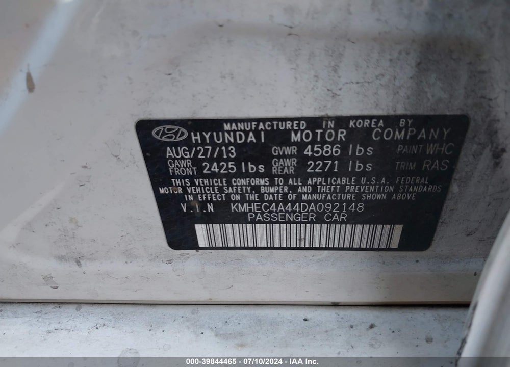 2013 HYUNDAI SONATA HYBRID LIMITED VIN: KMHEC4A44DA092148
