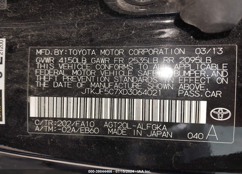 2013 SCION TC VIN: JTKJF5C7XD3064021