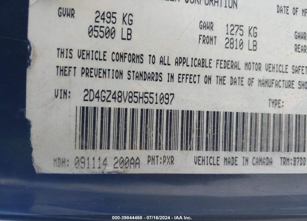 2005 DODGE MAGNUM SXT VIN: 2D4GZ48V85H551097