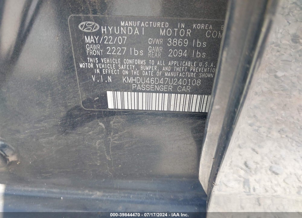 2007 HYUNDAI ELANTRA GLS/LIMITED/SE VIN: KMHDU46D47U240108